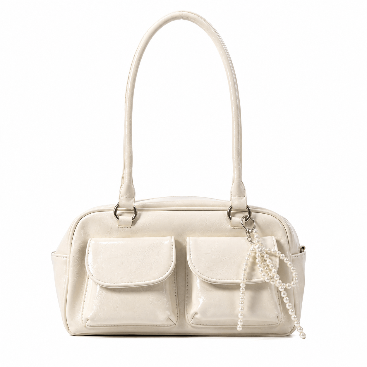 ivory leather Hand Bag with Beads charms