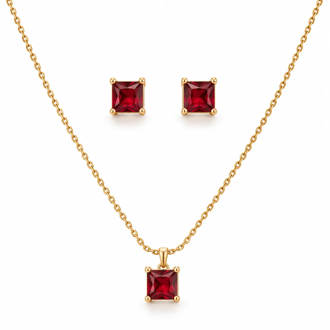 Gold Tone Red Square Stone Necklace Earrings Set