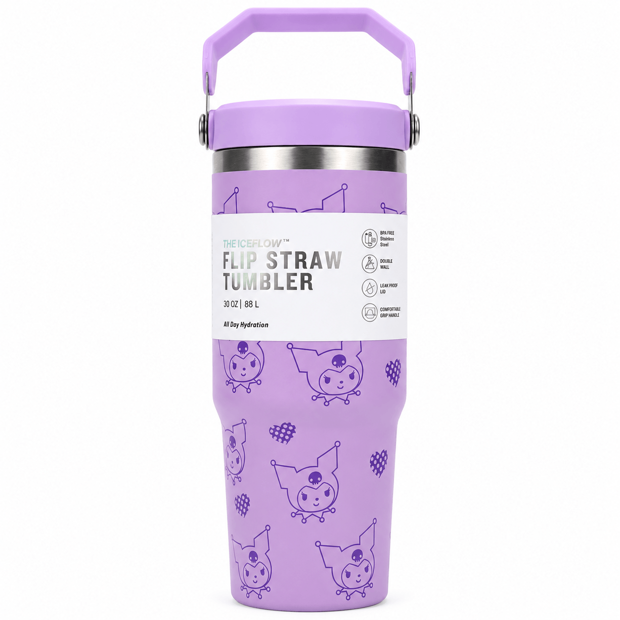 Kawaii Purple Flip Straw Insulated Stainless Steel Tumbler