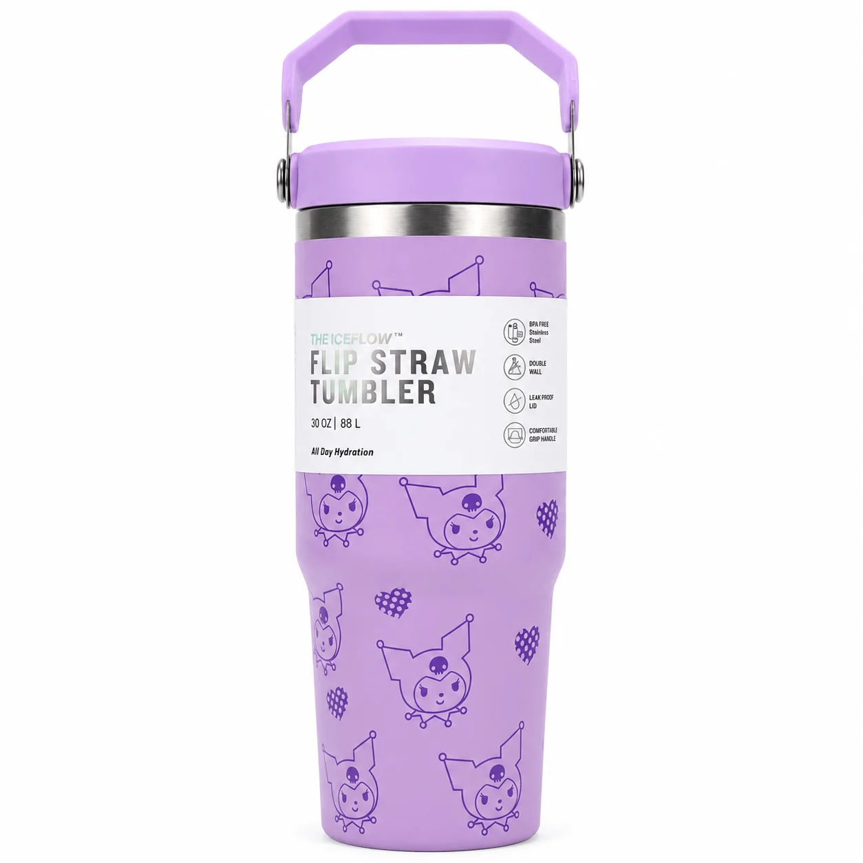 Kawaii Purple Flip Straw Insulated Stainless Steel Tumbler