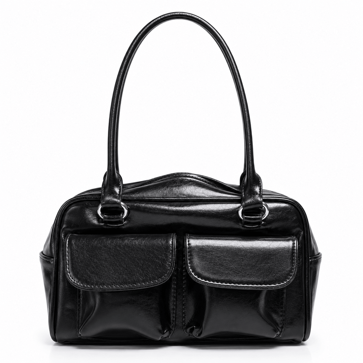 Premium Black Faux Leather Shoulder Bag with Dual Front Pockets