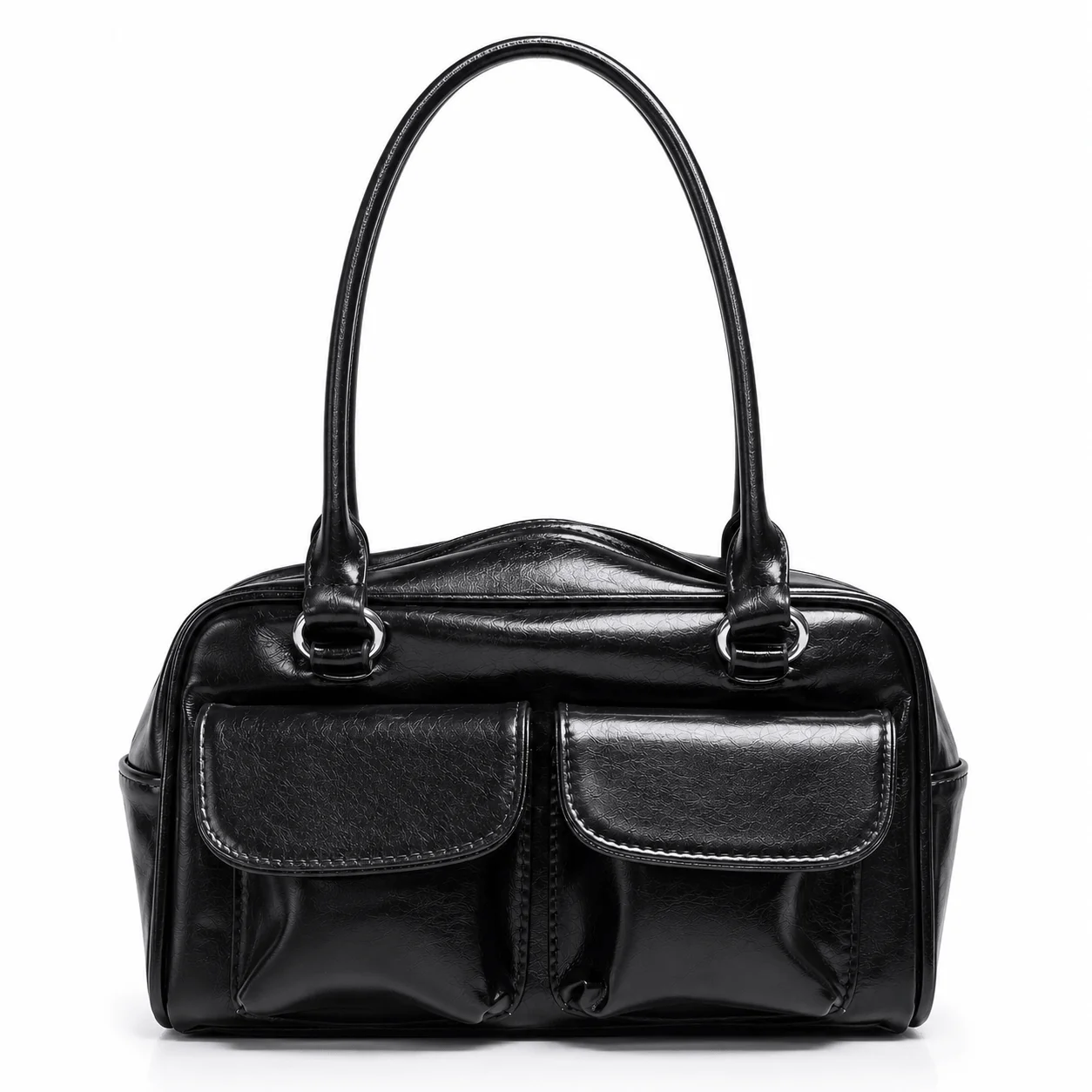 Premium Black Faux Leather Shoulder Bag with Dual Front Pockets